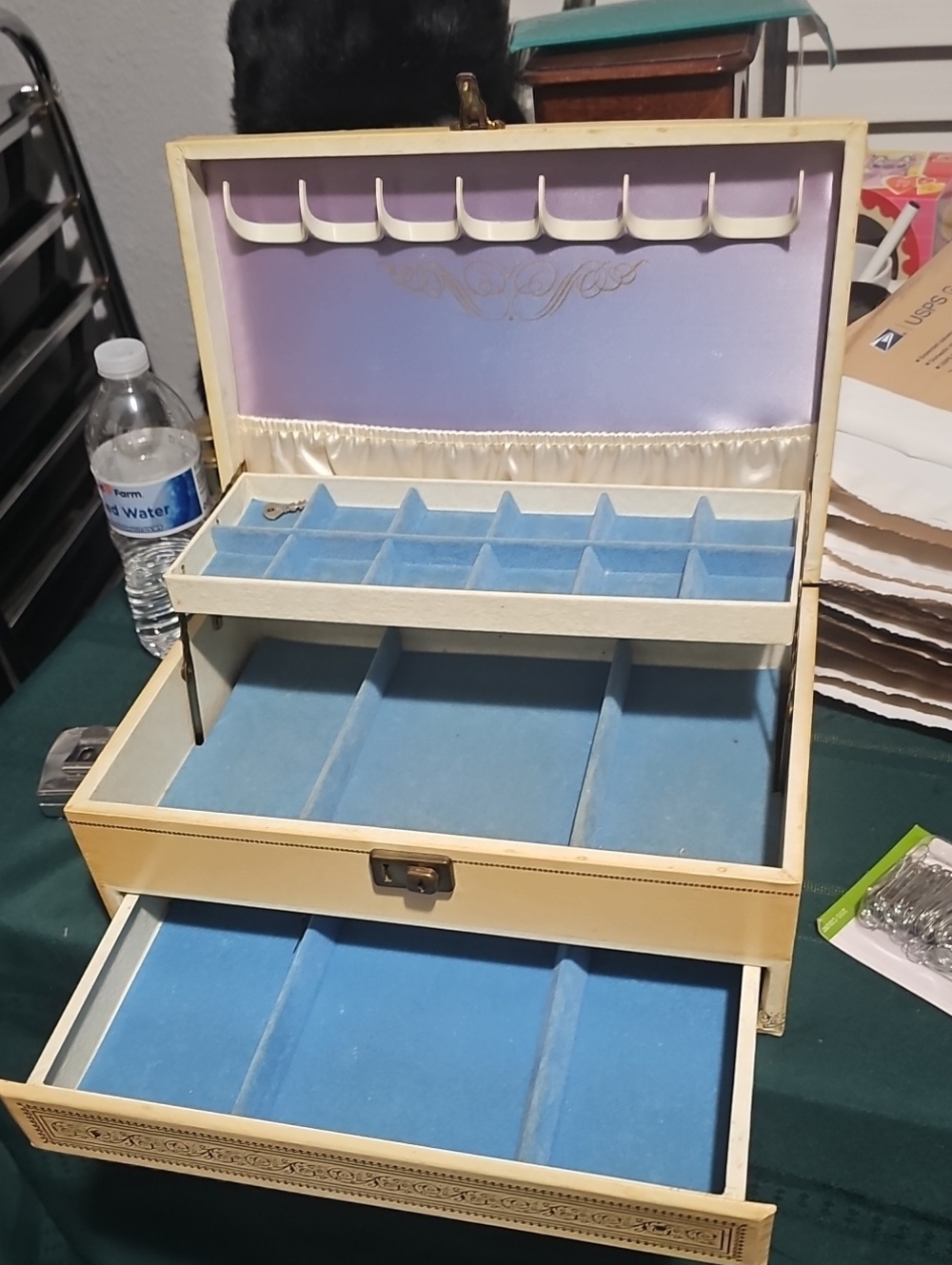 Cream and Blue Jewelry Organizer Box with Multiple Compartments